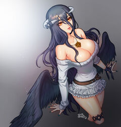  albedo_(overlord) alternate_costume armpit_crease artist_logo artist_name bare_shoulders belt black_hair black_ribbon black_wings blue_nails breasts cleavage collarbone contemporary cropped_legs demon_horns dress feathered_wings female frills from_above gradient_background grey_background hair_between_eyes hair_ornament horn_ornament horn_ribbon horns jewelry large_breasts long_hair long_sleeves looking_at_viewer low_wings nail_polish necklace off-shoulder_sweater off_shoulder orange_eyes overlord_(maruyama) parted_lips raoul_(raoul77) ribbon simple_background skull_hair_ornament solo sweater sweater_dress thigh_strap very_long_hair white_sweater wings wrist_ribbon 