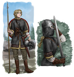  absurdres armor belt blonde_hair boots brown_footwear brown_gloves chainmail commentary dirty dirty_face english_commentary female full_body gloves green_eyes helmet highres holding holding_helmet holding_polearm holding_sword holding_weapon long_hair long_sleeves multiple_views original outdoors pants polearm ponytail remora25 sheath sheathed shield standing sword unworn_headwear unworn_helmet varangian_guard weapon 