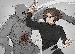  abs beating blood blood_on_hands bodysuit breasts brown_eyes brown_hair clenched_hand faceless faceless_male female geumgang_(odd_snail) grey_background highres injury korean_commentary large_breasts long_sleeves muscular muscular_male oddsnail original punching reverse_ryona short_hair simple_background skin_tight strong translated veins visible_air 