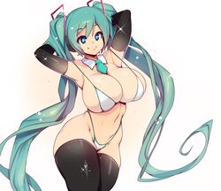  aqua_eyes aqua_hair aqua_necktie bikini black_thighhighs breasts bright_pupils detached_collar detached_sleeves duplicate female hatsune_miku headset highres huge_breasts long_hair navel necktie pixel-perfect_duplicate shiny_skin simple_background skindentation slugbox solo standing swimsuit thighhighs twintails very_long_hair vocaloid white_background white_pupils 