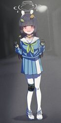  absurdres animal_ears bell black_gloves black_hair blue_archive blue_serafuku blue_shirt blue_skirt blurry blurry_background blush breasts collar commentary double_v embarrassed fake_animal_ears female footprints gloves green_neckerchief highres hime_cut hizikit knee_pads leaf leaf_on_head long_hair long_sleeves looking_at_viewer miyu_(blue_archive) neck_bell neckerchief open_mouth outdoors pantyhose pleated_skirt rabbit_ears red_eyes road sailor_collar school_uniform serafuku shirt shoes single_knee_pad skirt small_breasts smile sneakers solo street v white_footwear white_pantyhose white_sailor_collar 