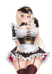  absurdres alternate_costume apron arm_behind_back azur_lane bismarck_(azur_lane) black_dress black_gloves black_thighhighs blonde_hair blue_eyes blush breasts cleavage closed_mouth collared_dress cowboy_shot cross dress enmaided female frilled_apron frilled_dress frills garter_straps gloves hair_between_eyes highres iron_cross large_breasts long_hair looking_at_viewer maid maid_apron maid_headdress playing_with_own_hair short_sleeves sidelocks simple_background skindentation solo standing thighhighs visor_cap white_apron white_background whitter 