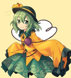  bad_link black_hat chorefuji closed_mouth collared_shirt female floral_print frilled_sleeves frills green_eyes green_hair green_skirt hair_between_eyes hat heart komeiji_koishi light_blush long_sleeves looking_at_viewer medium_hair orange_ribbon ribbon shirt skirt smile solo touhou wavy_hair wide_sleeves 