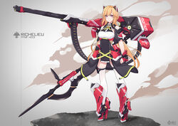  alternate_costume ammunition_belt artist_name azur_lane black_dress breasts cannon character_name commentary_request dress female full_body halberd high_heels highres holding holding_weapon iris_libre_(emblem) kuroba_chihiro large_breasts long_hair looking_at_viewer mecha_musume mechanical_ears orange_hair pink_eyes polearm richelieu_(azur_lane) science_fiction sleeveless thighhighs weapon white_thighhighs 