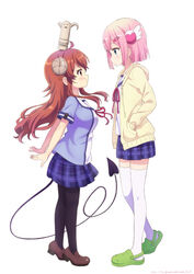  2girls ahoge blush broken_horn brown_hair chiyoda_momo commentary crocs curled_horns demon_girl demon_horns demon_tail expressive_tail hair_ornament hairclip height_conscious height_difference highres hood hoodie horns lilith_(machikado_mazoku) long_hair long_tail machikado_mazoku multiple_girls neki_(wakiko) object_on_head pantyhose pink_hair pout school_uniform short_hair simple_background skirt statue tail thighhighs tiptoes white_background yoshida_yuuko_(machikado_mazoku) 