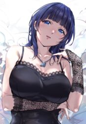  arm_under_breasts armpit_crease artist_name asaka_karin bare_shoulders black_dress blue_eyes blue_hair blunt_bangs breasts buttons cleavage collar commentary detached_sleeves dress earrings female fingernails grey_background hand_up head_tilt heart heart_print highres jewelry kuziaaizuk lace-trimmed_dress lace_sleeves lace_trim large_breasts light_blush light_particles looking_at_viewer love_live! love_live!_nijigasaki_high_school_idol_club medium_hair necklace parted_lips pendant print_sleeves signature sleeveless sleeveless_dress sleeves_past_wrists smile solo spaghetti_strap stud_earrings two-tone_background upper_body white_background zozotown 