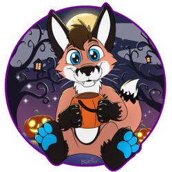  1:1 absurd_res alpha_channel ambiguous_gender anthro blakefox blue_eyes brown_body brown_fur candy canid canine dessert fangs food fox fur halloween hi_res holidays mammal sitting solo teeth 