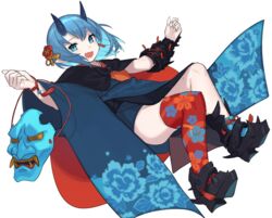  :d bad_link black_footwear blue_eyes blue_hair blue_horns blue_kimono boots chorefuji female fingernails floral_print full_body horns japanese_clothes kimono long_fingernails looking_at_viewer mask oni_mask open_mouth original pointy_ears red_thighhighs sharp_fingernails simple_background single_thighhigh smile solo thighhighs white_background 