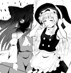  2girls absurdres angry apron ascot blush bow braid closed_eyes commentary_request detached_sleeves eyes_in_shadow gohei greyscale grin hair_tubes hairbow hakurei_reimu hands_on_headwear hat hat_bow highres kirisame_marisa long_hair looking_at_viewer masakano_masaka monochrome multiple_girls side_braid single_braid smile touhou waist_apron witch_hat 