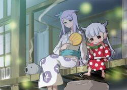  2girls animal_ears barefoot blush_stickers eating food fruit gold_ship_(umamusume) grey_hair hand_fan holding holding_fan horse_ears horse_girl horse_tail incense_burner japanese_clothes kayari_buta kimono lolicon long_hair mejiro_mcqueen_(umamusume) motion_lines multiple_girls noma_taoru obi paper_fan polka_dot polka_dot_kimono purple_hair sash sitting smile tail uchiwa umamusume watermelon 