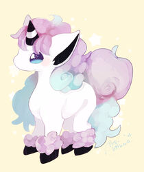  absurdres animal_focus artist_name bad_id bad_pixiv_id banchiku blue_eyes blue_hair blush closed_mouth commentary_request full_body galarian_ponyta gradient_hair happy highres light_blush long_hair multicolored_hair no_humans pokemon pokemon_(creature) purple_hair signature simple_background smile standing star_(symbol) starry_background unicorn very_long_hair yellow_background 