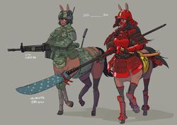  2020 2girls :d animal_ears armor arrow_(symbol) assault_rifle before_and_after black_hair breasts camouflage camouflage_headwear camouflage_jacket centaur commentary_request contrast dark-skinned_female dark_skin eyepatch full_body grey_background gun hair_between_eyes hat helmet holding holding_gun holding_polearm holding_weapon hooves horse_ears horse_tail jacket japanese_armor kabuto_(helmet) katana kote kusazuri large_breasts long_hair looking_at_another menpoo mikoyan military military_hat military_jacket military_uniform monster_girl multiple_girls multiple_legs naginata open_mouth original polearm pouch red_armor red_headwear rifle shadow sheath sheathed shin_guards short_hair shoulder_armor sidelocks simple_background smile sode soldier standing standing_on_three_legs suneate sword tail taur translation_request uniform weapon 