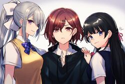  3girls aononchi black_hair black_hoodie blue_cardigan blush bow bowtie braid brown_eyes brown_hair cardigan cardigan_vest closed_mouth commentary crossover grey_hair hair_ornament hairbow hairclip hand_on_another&#039;s_shoulder highres higuchi_kaede higuchi_kaede_(3rd_costume) higuchi_madoka hood hoodie idolmaster idolmaster_shiny_colors long_hair long_sleeves looking_at_viewer looking_back mole mole_under_eye multiple_girls nijisanji pink_bow pink_bowtie ponytail purple_bow purple_bowtie purple_eyes school_uniform shirt short_hair short_sleeves signature smile tsukino_mito tsukino_mito_(3rd_costume) upper_body very_long_hair virtual_youtuber white_bow white_shirt 