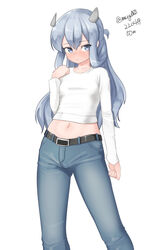  absurdres alternate_costume blue_eyes blue_hair denim fake_horns feet_out_of_frame female grey_pants headgear highres horned_headwear horns i-203_(kancolle) jeans kantai_collection light_blue_hair long_hair long_sleeves looking_at_viewer maru_(marg0613) midriff navel one-hour_drawing_challenge pants shirt sidelocks simple_background solo standing twitter_username white_background white_shirt 