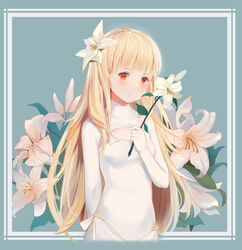  absurdres blonde_hair blunt_bangs chinese_commentary commentary dress female flower hair_flower hair_ornament highres holding holding_flower leilin lily_(flower) long_hair looking_at_viewer maquia_(sayoasa) orange_eyes outdoors ribbon sayonara_no_asa_ni_yakusoku_no_hana_wo_kazarou smile solo standing upper_body white_dress white_ribbon 