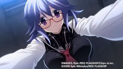  black_dress breasts chaos;child closed_mouth dress dress_shirt eyewear_on_head female glasses hair_between_eyes headphones headphones_around_neck kazuki_hana large_breasts looking_at_viewer necktie official_art purple_eyes purple_hair red_necktie sad sasaki_mutsumi school_uniform shirt short_hair sidelocks solo standing unworn_headwear 