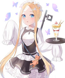  abigail_williams_(fate/grand_order) artist_request bangs black_skirt blonde_hair blue_eyes blush breasts bug butterfly dress fate/grand_order fate_(series) female forehead heroic_spirit_festival_outfit highres insects key keyhole layered_skirt long_hair long_sleeves looking_at_viewer maid_headdress open_mouth parfait parted_bangs sash simple_background skirt sleeves_past_fingers sleeves_past_wrists small_breasts stuffed_animal stuffed_toy teddy_bear tray white_dress 