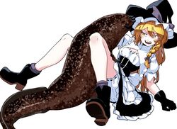  animal black_gloves blonde_hair bloomers blush boots bow braid breasts cleavage corset female frilled_hat frills gloves hairbow hand_on_another&#039;s_face hat highres kikoka_(mizuumi) kirisame_marisa large_bow open_mouth pushing_away pushing_face salamander short_sleeves side_braid simple_background single_braid small_breasts teeth thighs touhou underwear upper_teeth_only white_background white_bow witch witch_hat yellow_eyes 