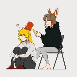  2girls :3 alternate_costume alternate_eye_color bad_id bad_twitter_id bags_under_eyes barefoot benikurage_(cookie) black_eyes black_hoodie black_pants blonde_hair bow braid breasts brown_footwear brown_hair brown_sweater chair closed_mouth commentary cookie_(touhou) folding_chair frilled_bow frilled_hair_tubes frills full_body grey_pants grey_sweater hair_tubes hairbow hakurei_reimu hammer highres holding holding_hammer hood hoodie kirisame_marisa large_breasts long_hair looking_at_another mars_(cookie) multiple_girls oerba_yun_fang ohasi pants parted_bangs purple_bow red_bow shoes short_hair side_braid single_braid sitting star_(symbol) sweater touhou toy_hammer turtleneck turtleneck_sweater 