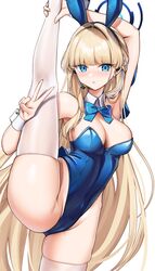  animal_ears blonde_hair blue_archive blue_eyes blue_halo blue_leotard bow bowtie breasts cameltoe detached_collar fake_animal_ears female gu_luco halo highleg highleg_leotard highres leg_up leotard long_hair looking_at_viewer medium_breasts official_alternate_costume playboy_bunny rabbit_ears solo split standing standing_on_one_leg standing_split strapless strapless_leotard thighhighs toki_(blue_archive) toki_(bunny)_(blue_archive) v very_long_hair white_thighhighs wrist_cuffs 