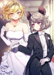  2girls animal_ears black_pants blonde_hair blush breasts buttons closed_mouth collarbone commentary_request commission dress elbow_gloves flat_chest gloves grey_hair highres jewelry long_sleeves medium_breasts mouse_ears multiple_girls nazrin necklace open_mouth pants red_eyes shirt short_hair skeb_commission smile tomobe_kinuko toramaru_shou touhou white_dress white_gloves white_shirt wife_and_wife yellow_eyes yuri 