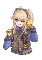  armor arms_up blonde_hair blue_eyes cheogtanbyeong commentary explosive female girls&#039;_frontline girls&#039;_frontline_2:_exilium gloves grenade hair_between_eyes headphones headset highres long_hair long_sleeves looking_at_viewer military military_uniform one_eye_closed open_mouth sidelocks smile solo tactical_clothes teeth uniform upper_body upper_teeth_only vepley_(girls&#039;_frontline_2) walkie-talkie white_background yellow_gloves 