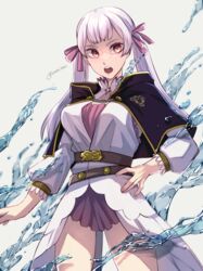  belt black_bulls_(emblem) black_capelet black_clover capelet cowboy_shot dress female hair_ribbon highres hydrokinesis looking_at_viewer noelle_silva open_mouth purple_eyes ribbon simple_background solo standing sumuna_sunaco teeth twintails twitter_username upper_teeth_only water white_hair 