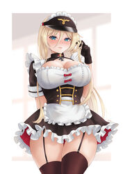  absurdres alternate_costume apron arm_behind_back azur_lane bismarck_(azur_lane) black_dress black_gloves black_thighhighs blonde_hair blue_eyes blurry blurry_background blush breasts cleavage closed_mouth collared_dress cowboy_shot cross dress enmaided female frilled_apron frilled_dress frills garter_straps gloves hair_between_eyes highres iron_cross large_breasts long_hair looking_at_viewer maid maid_apron maid_headdress playing_with_own_hair short_sleeves sidelocks skindentation solo standing thighhighs visor_cap white_apron whitter 