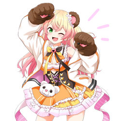  ;d absurdres animal_bag animal_ears animal_hands bare_shoulders bear_bag bear_ears bear_paws bell blonde_hair bow bowtie breasts brown_bow brown_bowtie cleavage cleavage_cutout clothing_cutout corset cowboy_shot cross-laced_clothes cutout_above_navel dress_flower felutiahime female flower frilled_shirt frilled_skirt frills gloves gradient_hair green_eyes hair_flower hair_ornament highres hololive jacket jingle_bell layered_skirt light_blush long_hair medium_breasts miniskirt momosuzu_nene momosuzu_nene_(1st_costume) multicolored_bow multicolored_bowtie multicolored_hair neck_bell oerba_yun_fang off_shoulder one_eye_closed open_mouth orange_bow orange_bowtie orange_shirt orange_skirt paw_gloves paw_pose petticoat pink_hair shirt skirt skirt_set sleeveless sleeveless_shirt smile solo two_side_up underbust v-shaped_eyebrows virtual_youtuber white_jacket yellow_bow yellow_bowtie yellow_skirt 