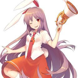  animal_ears bad_link blouse carrot chorefuji collared_shirt female holding holding_megaphone long_hair megaphone necktie one_eye_closed open_mouth orange_skirt puffy_short_sleeves puffy_sleeves purple_hair rabbit_ears rabbit_girl rabbit_tail red_eyes red_necktie reisen_udongein_inaba shirt short_sleeves simple_background skirt socks solo tail tongue touhou very_long_hair white_background white_shirt white_socks 