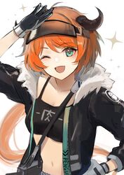  ;d animal_ears arknights azuazu_0405 bad_id bad_twitter_id bag black_headwear black_jacket blush breasts cow_ears croissant_(arknights) crop_top female fur-trimmed_jacket fur_trim gloves green_eyes grey_gloves hand_on_own_hip highres jacket long_hair long_sleeves looking_at_viewer low_ponytail medium_breasts navel one_eye_closed open_clothes open_jacket open_mouth orange_hair shoulder_bag simple_background smile solo sparkle upper_body very_long_hair white_background 