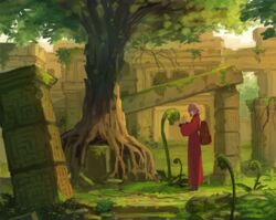  backpack bad_link bag blonde_hair boots brown_bag brown_footwear brown_gloves chorefuji coat female gloves grass hair_bun holding original outdoors red_coat ruins scenery single_hair_bun solo standing stone tree 