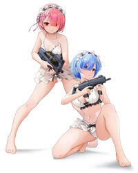  2girls absurdres alternate_costume bare_shoulders barefoot bikini blue_eyes blue_hair breasts bullpup censored cleavage closed_mouth collarbone commentary_request commission feet gibun_(sozoshu) gun h&amp;k_mp7 hair_ornament heart heart_censor highres holding holding_gun holding_weapon legs looking_at_viewer maid maid_bikini maid_headdress md5_mismatch medium_breasts multiple_girls navel on_one_knee p90 pink_hair pixiv_commission ram_(re:zero) re:zero_kara_hajimeru_isekai_seikatsu red_eyes red_hair rem_(re:zero) short_hair siblings simple_background sisters small_breasts standing submachine_gun swimsuit toenails toes unconventional_maid weapon white_background white_bikini x_hair_ornament 