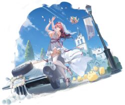  ahoge arms_up azur_lane bird blue_sky bouquet_toss breasts bremerton_(azur_lane) bremerton_(joyride_of_love)_(azur_lane) bridal_veil car chick church day dress female floating_hair flower full_body garter_straps hair_flower hair_intakes hair_ornament high_heels highres jewelry katsudansou lace-trimmed_legwear lace_trim large_breasts long_hair looking_at_viewer manjuu_(azur_lane) motor_vehicle multicolored_hair official_alternate_costume official_art one_eye_closed outdoors petals pink_eyes pink_hair ribbon ring sky standing standing_on_one_leg stiletto_heels streaked_hair striped striped_ribbon thighhighs veil wedding_dress wedding_ring white_dress white_thighhighs 