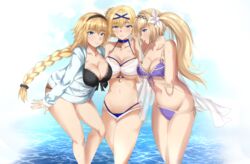  3girls absurdres adone_(pluemza021) azur_lane bare_shoulders bikini bikini_under_clothes black_bikini black_hairband blonde_hair blue_bikini blue_eyes blush braid breasts cleavage collarbone cross crossover fate/grand_order fate_(series) granblue_fantasy hairband highres historical_name_connection hood hood_down hoodie jeanne_d&#039;arc_(azur_lane) jeanne_d&#039;arc_(fate) jeanne_d&#039;arc_(granblue_fantasy) jeanne_d&#039;arc_(saintess_of_the_sea)_(azur_lane) jeanne_d&#039;arc_(summer)_(granblue_fantasy) jeanne_d&#039;arc_(swimsuit_archer)_(fate) jeanne_d&#039;arc_(swimsuit_archer)_(first_ascension)_(fate) large_breasts long_braid long_hair looking_at_viewer multiple_crossover multiple_girls name_connection navel official_alternate_costume see-through side-tie_bikini_bottom side_ponytail single_braid smile swimsuit wet white_bikini white_hoodie 