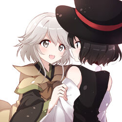  2others androgynous black_hair blush brown_coat coat detached_sleeves enraku_tsubakura eye_contact face-to-face grey_hair hat highres houlen_yabusame large_hat len&#039;en looking_at_another multiple_others one-hour_drawing_challenge other_focus ougi_hina short_hair short_hair_with_long_locks smile top_hat 