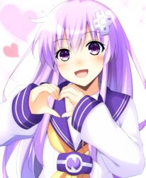  blush commentary_request d-pad d-pad_hair_ornament doria_(p_f_dolia) dress female hair_between_eyes hair_ornament heart heart_hands highres long_hair long_sleeves looking_at_viewer neckerchief nepgear neptune_(series) open_mouth purple_eyes purple_hair sailor_collar sailor_dress sidelocks solo upper_body white_dress yellow_neckerchief 