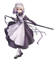  1boy alternate_costume black_dress black_gloves commentary_request crossdressing dress enmaided full_body gloves holding holding_sword holding_weapon maid male_focus pantyhose pixiv_fantasia pixiv_fantasia_last_saga red_eyes sheath sheathed shirogane_(pixiv_fantasia_last_saga) simple_background solo sword tori_(10ri) weapon white_background white_hair white_pantyhose 