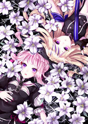  2girls bare_shoulders black_gloves blonde_hair double_bun field fingerless_gloves flower flower_field gloves hair_bun highres himehina_channel konati_e lily_(flower) long_hair looking_at_viewer lying multicolored_hair multiple_girls navel on_back open_mouth pink_hair purple_eyes short_sleeves sidelocks sleeveless smile streaked_hair suzuki_hina tanaka_hime virtual_youtuber 