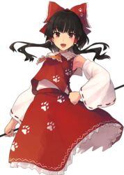  :d armpits ascot bad_link black_hair blush bow chorefuji collared_shirt detached_sleeves female frilled_shirt_collar frilled_skirt frills hair_tubes hairbow hakurei_reimu long_hair looking_at_viewer open_mouth orange_ascot orange_eyes paw_print red_bow red_skirt shirt sidelocks simple_background skirt sleeveless sleeveless_shirt smile solo tongue touhou white_background wily_beast_and_weakest_creature 