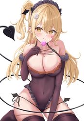  :q bare_shoulders blonde_hair blush breasts candy cleavage collarbone covered_navel demon_tail elbow_pads female food frilled_leotard frills fur-trimmed_gloves fur_trim gloves hair_between_eyes hair_ornament hairclip heart highres holding holding_candy holding_food holding_lollipop large_breasts leotard lollipop long_hair looking_at_viewer maid_headdress micro_panties mole mole_on_breast original panties ribbon side-tie_panties side_ponytail simple_background sitting solo tail thighhighs tongue tongue_out underwear uni_ikura wariza white_background yellow_eyes 