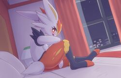  2019 3_fingers ambiguous_gender anthro arm_tuft bed bedding bedroom biped black_markings blush buckteeth cinderace curtains detailed_background eye_markings eyelashes facial_tuft feet fingers fur furniture generation_8_pokemon handpaw hi_res hindpaw inside kajinchu lagomorph lamp leg_markings leg_tuft long_ears looking_at_viewer mammal markings multicolored_body multicolored_fur night nintendo on_bed open_mouth paws pillow pokemon pokemon_(species) pupils red_body red_eyes red_fur red_nose shoulder_tuft side_view socks_(marking) solo tail teeth toeless_(marking) toeless_socks_(marking) toes tuft white_body white_fur white_pupils window yellow_inner_ear yellow_markings 