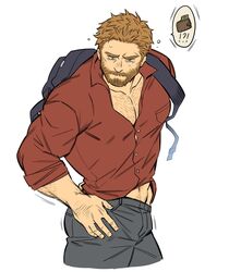  1boy absurdres arm_hair backpack bag bara blonde_hair bulge chest_hair cropped_legs denim facial_hair flat_color frown highres holmy_(holmesdmode) jeans large_pectorals looking_down male_focus mature_male midriff_peek motion_lines moustache muscular muscular_male navel navel_hair original pants partially_unbuttoned pectoral_cleavage pectorals red_shirt searching shirt short_hair sleeves_rolled_up solo thick_eyebrows thighs thought_bubble tight_clothes tight_shirt wallet 