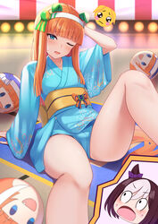  2girls absurdres animal_ears arugou blue_eyes blue_kimono blush braid breasts emoji french_braid hair_between_eyes highres hime_cut horse_ears horse_girl horse_tail horseshoe_print japanese_clothes kimono looking_at_viewer multicolored_hair multiple_girls obi on_ground one_eye_closed open_mouth orange_hair pleading_face_emoji sash silence_suzuka_(umamusume) small_breasts smile solo_focus special_week_(umamusume) stage streaked_hair tail tracen_ondo_outfit_(umamusume) umamusume v-shaped_eyebrows white_hair 