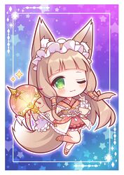  ;3 \m/ animal_ear_fluff animal_ears blue_background blunt_bangs blush border chibi closed_mouth commentary female finger_to_cheek fox_ears fox_girl fox_tail frills full_body gradient_background green_eyes hair_between_eyes hair_ornament hair_tubes holding holding_umbrella japanese_clothes kimono leg_up light_brown_hair long_sleeves looking_at_viewer maho_(princess_connect!) maid maid_headdress obi one_eye_closed orange_kimono princess_connect! purple_background ryuuka_sane sash solo sparkle standing standing_on_one_leg starry_background tail umbrella wa_maid wide_sleeves x_hair_ornament 