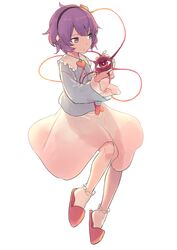  bad_link blouse blue_shirt bobby_socks buttons chorefuji closed_mouth female frilled_shirt_collar frills hairband heart holding knees komeiji_satori long_sleeves purple_eyes purple_hair red_footwear shirt short_hair simple_background skirt slippers socks solo touhou white_background white_socks wide_sleeves 