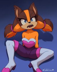  anthro badger blue_eyes boots breasts brown_hair cleavage clothed clothing cosplay female footwear fur gabbslines hair hi_res high_heeled_boots high_heels looking_at_viewer mammal mustelid musteline orange_body orange_fur orange_hair rouge_the_bat sega sitting solo sonic_boom sonic_the_hedgehog_(series) sticks_the_jungle_badger tight_clothing twintails 