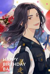  1boy bad_id bad_twitter_id baji_keisuke balloon black_hair black_jacket bouquet character_name confetti flower happy_birthday highres holding holding_bouquet jacket kojirase_potaku long_hair long_sleeves looking_at_viewer male_focus open_mouth over_shoulder smile solo tasuki tokyo_revengers upper_body white_background yellow_eyes 