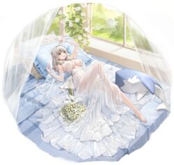  :d artist_request azur_lane barefoot breasts bridal_gauntlets bridal_veil center_opening check_artist dress drill_hair female grey_hair highres large_breasts leg_up long_hair luetzow_(azur_lane) luetzow_(sleeping_white_beauty)_(azur_lane) lying official_art smile solo souji_hougu transparent_background twin_drills veil wedding_dress white_dress 