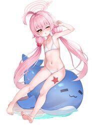  2drr ahoge arm_up armpits barefoot bikini blue_archive blush breasts brown_eyes feet female halo highres hoshino_(blue_archive) hoshino_(swimsuit)_(blue_archive) inflatable_toy inflatable_whale legs long_hair looking_at_viewer low_twintails navel one_eye_closed open_mouth pink_hair sitting small_breasts soles solo starfish stomach swimsuit thighs toes twintails v very_long_hair white_bikini 